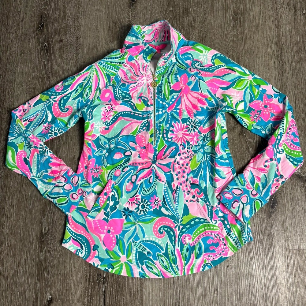 Lilly Pulitzer‎ XS UPF 50+ Skipper Popover Sweater Turquoise Oasis Golden Hour